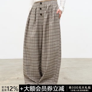 亲肤毛呢面料 格纹纽扣阔腿裤 前门襟纽扣设计 WOMEN JCAESAR