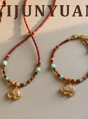 原创新中式时尚红色米珠锆石吉象项链轻奢小众高级感气质百搭饰品