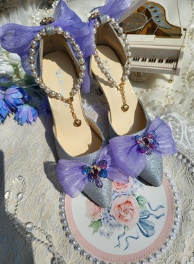原创Lolita鞋【慕蝶】紫色系手作华丽优雅宫廷lo鞋花嫁茶会高跟鞋