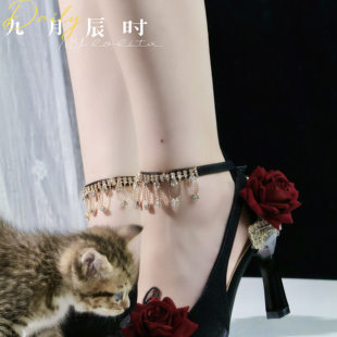 原创手作lo鞋法式黑红优雅鞋花嫁茶会洛丽塔尖头高跟鞋复古lolita