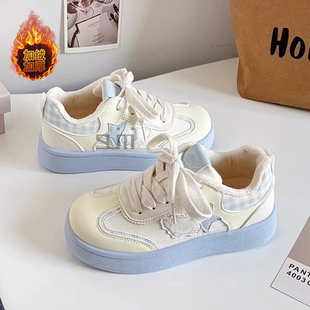 冬季保暖加绒星星小白鞋子女厚底棉鞋2025新款初中生运动休闲板鞋