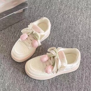 郁金香花朵百搭韩系板鞋女款2026新款春季厚底小白鞋休闲面包鞋子