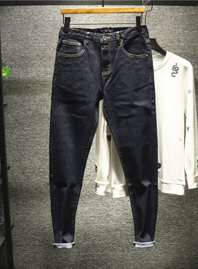 Hi man欧美范简约百搭原色赤耳经典深蓝色牛仔裤男修身型小脚靴裤