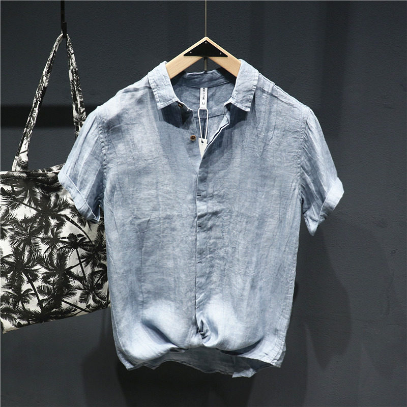 蓝色男士亚麻短袖衬衫痞帅半袖寸衫男款苎麻五分袖潮流薄款衬衣