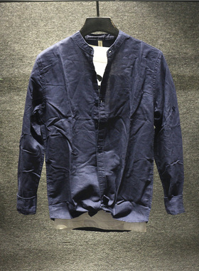 Hi man文艺复古纯色亚麻免烫商务休闲衬衫男士中国风原创立领衬衣