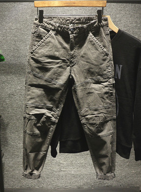 Hi man巴黎灰色个性拼接工装裤男潮牌束脚ins超火修身百搭休闲裤