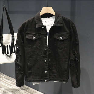 Hi man港式暗黑系酷飒炸街牛仔夹克男秋季潮牌破洞刮烂工装外套帅
