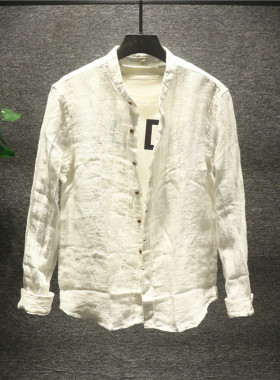 Hi man日系基础亚麻长袖衬衫男秋季款小清新潮流青年帅气立领衬衣