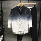 ins高级感帅气纯亚麻衣潮 男士 man日系特色黑白渐变七分袖 衬衫