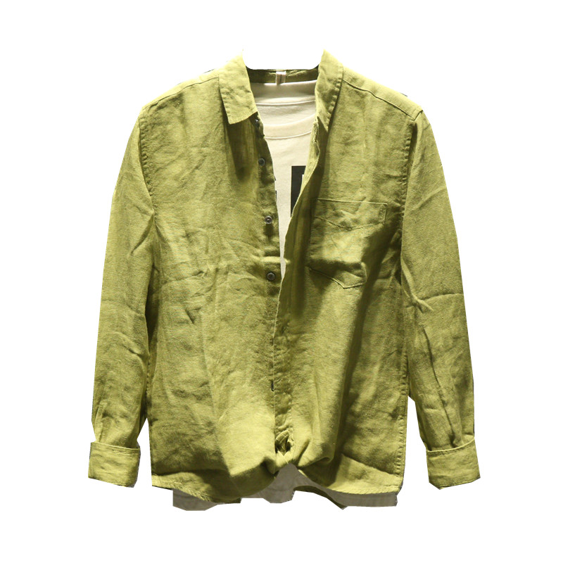 Hi man气质感MAX亚麻衬衫男士潮流休K闲纯色简约寸衫舒适百搭衬衣