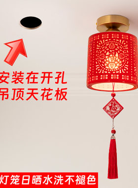 中式红灯笼景德镇镂空陶瓷吸顶灯阳台入户过道玄关内嵌筒灯口可装