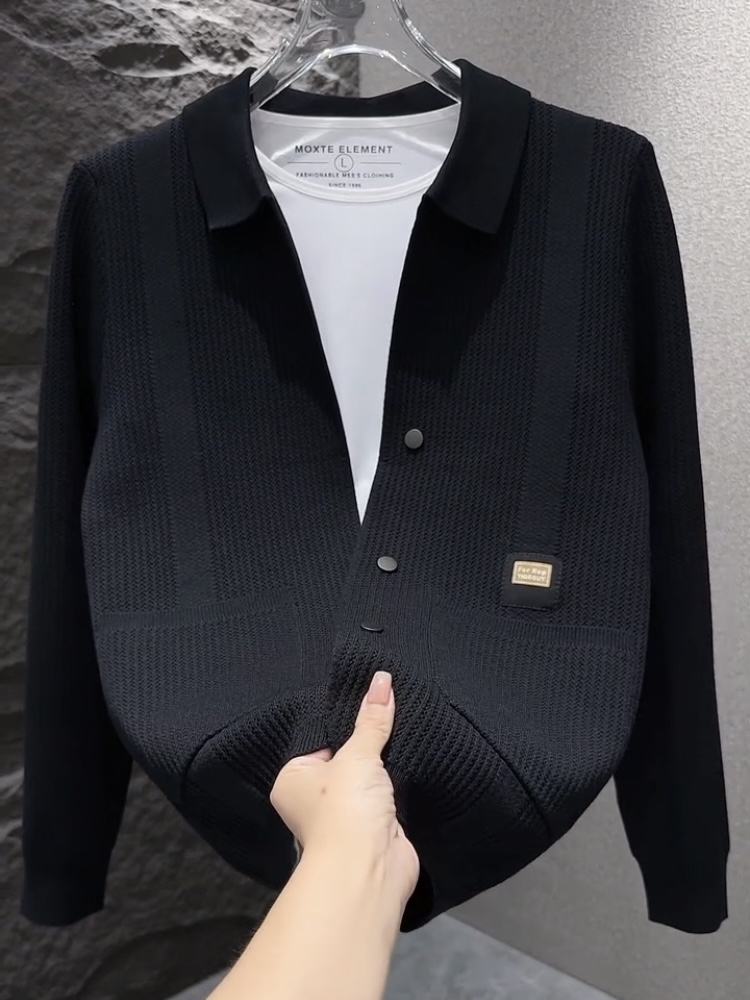 冬季肌理感男针织开衫2025时尚青年修身毛衣外套翻领毛线气质夹克