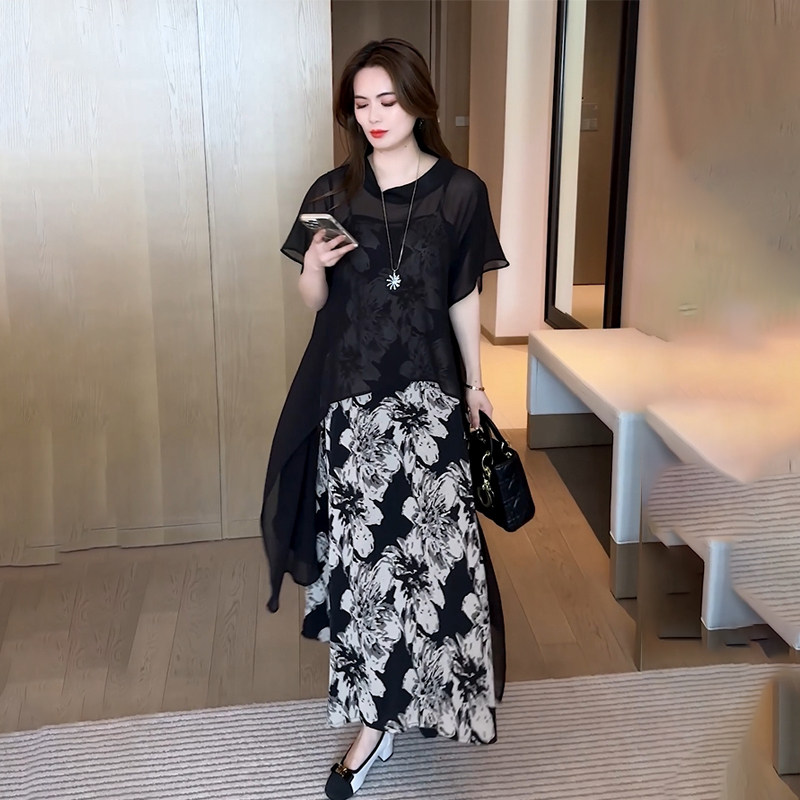 宽松凉快冰丝上衣 吊带长裙两件套女2024夏季显瘦遮肚气质连衣裙