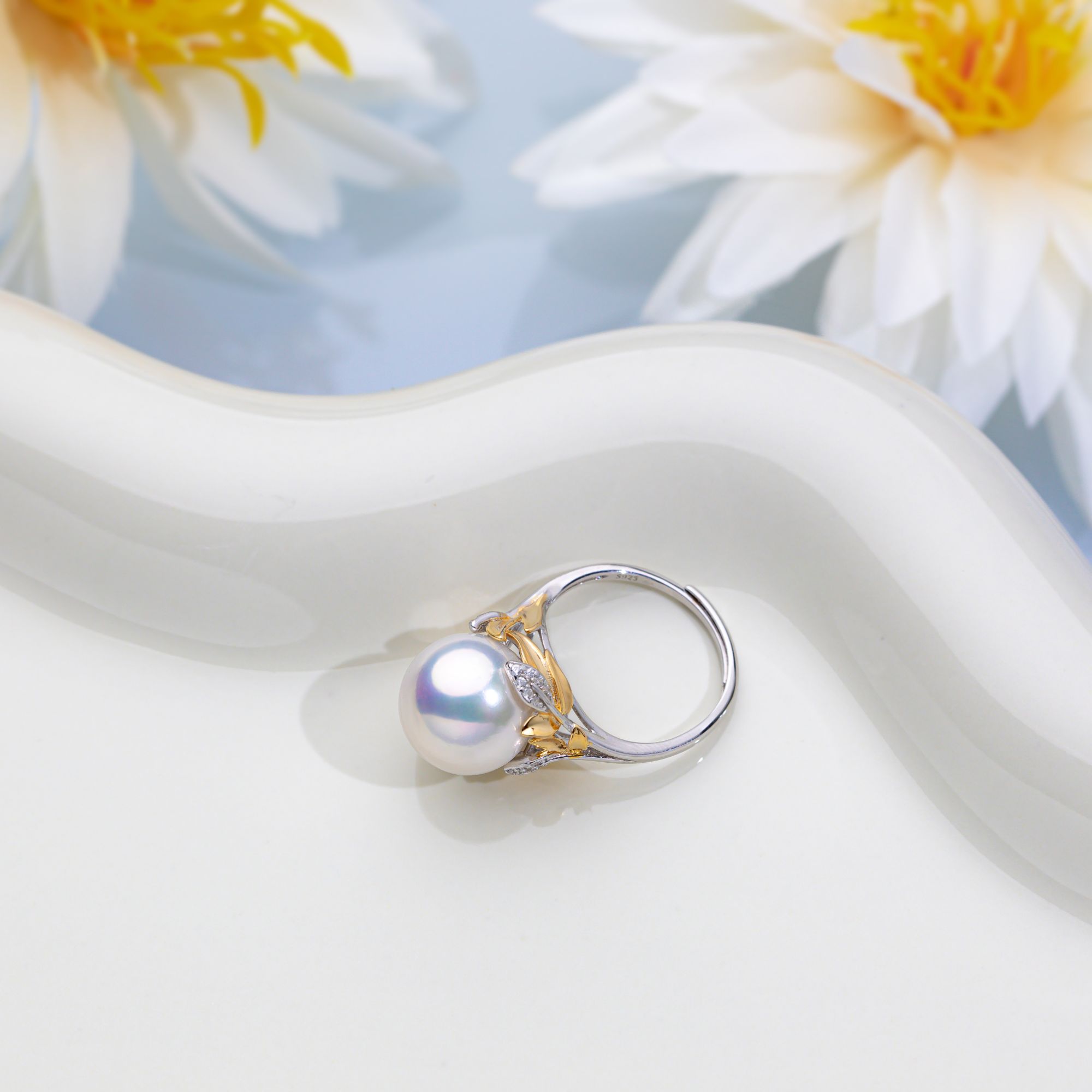 S925纯银花神龙珠珍珠戒指