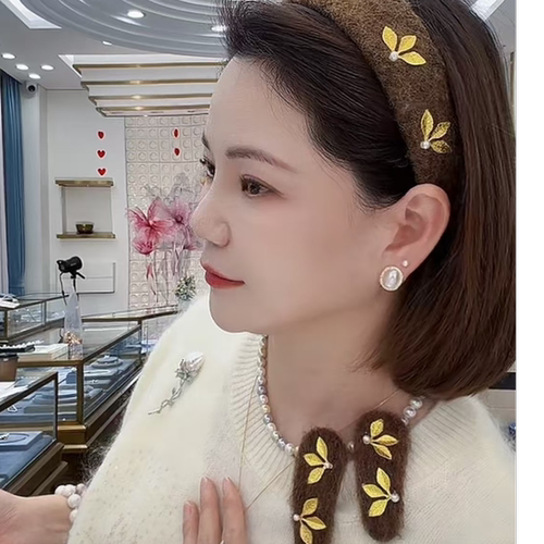 “复古金秋” 棕咖金叶天然珍珠发卡 发箍 2779H00DY 拍一发三