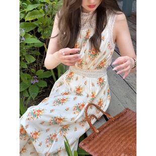 2026春夏连衣裙 蕾丝拼接收腰A摆有机棉碎花无袖 张羞羞 春日橘