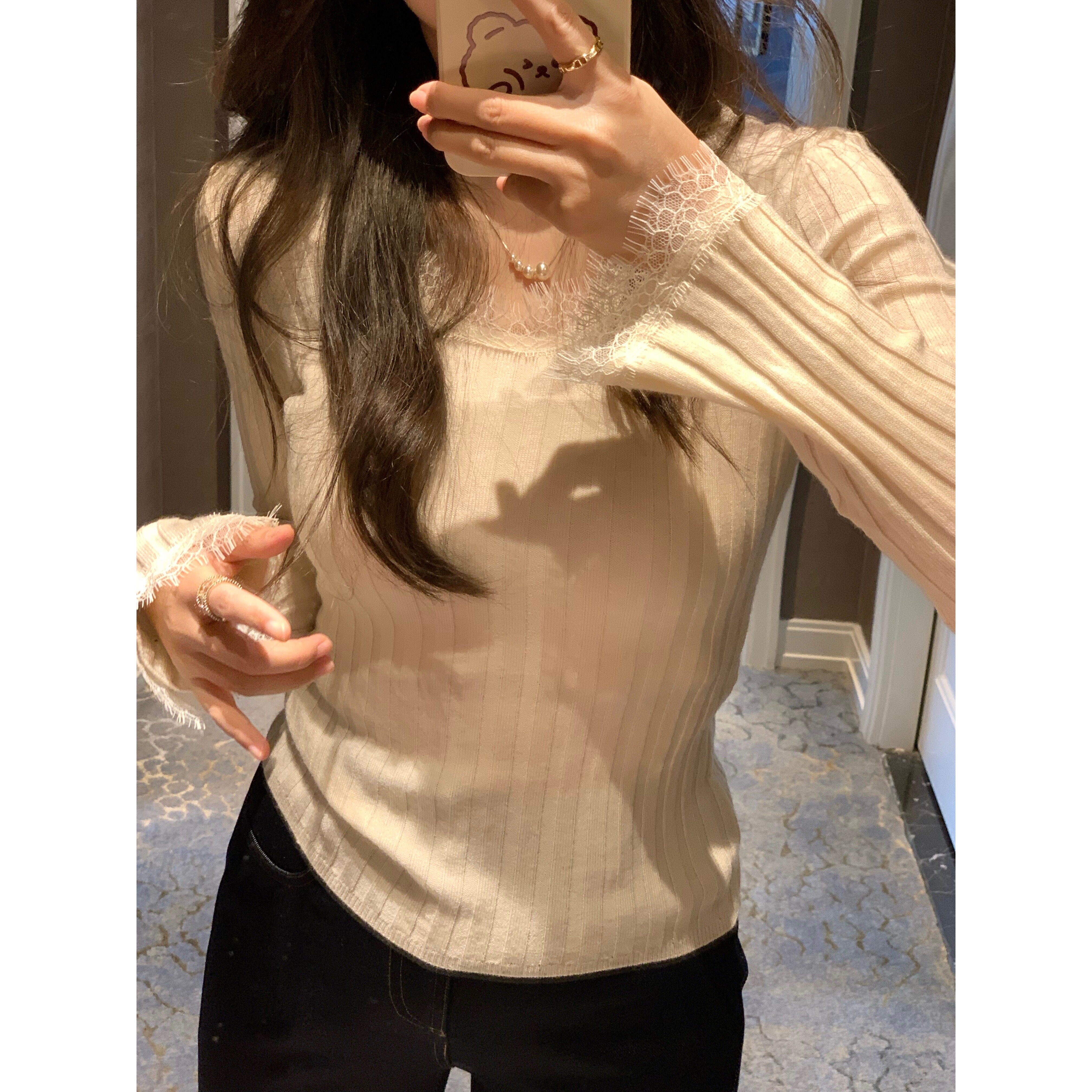 张羞羞 少女睫毛/羊毛韩系温柔蕾丝花边针织打底衫女秋冬长袖
