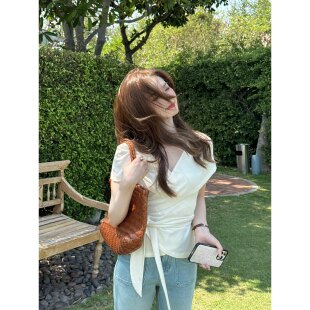 张羞羞 氧气感/春夏天丝棉针织一片式绑带收腰V领韩系短袖T恤2026