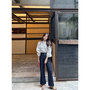 明线中缝通勤韩系直筒微喇9分牛仔裤 张羞羞 百搭原牛