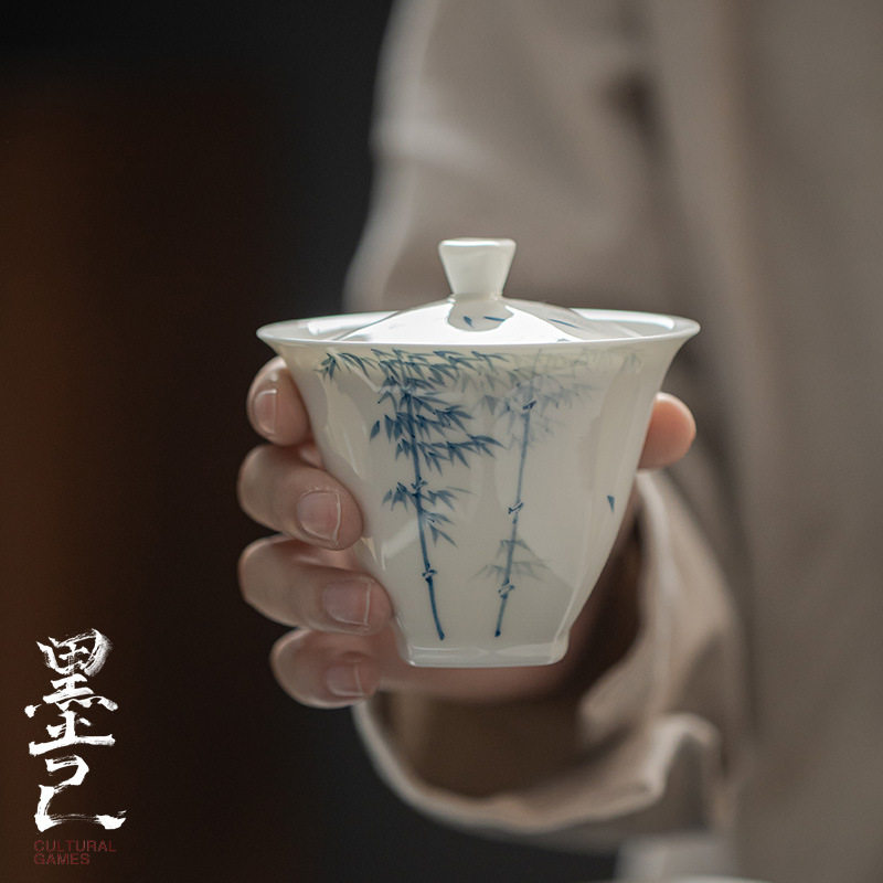 墨己 玉泥白瓷手绘青花竹子盖碗 釉下彩文人泡茶盖碗 素雅主泡碗