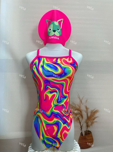 vela定制月光琉璃炫彩晕染竞速泳衣连体三角款双层不带垫中高叉