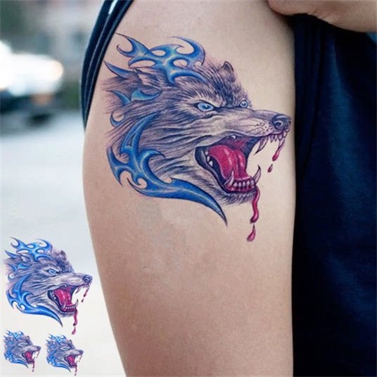 网红同款狼头持久防水纹身贴男胸前霸气男女手臂花臂刺青贴纸