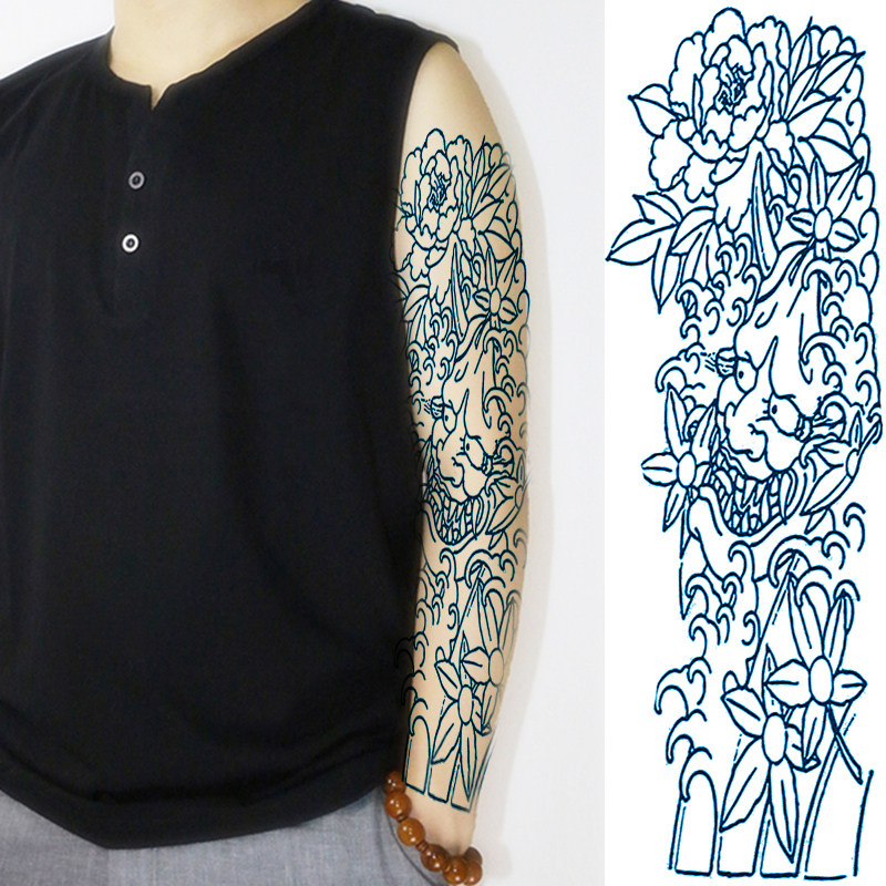 全臂般若 刹车印 刺青 美女艺妓 花臂纹身贴纸 花臂防水线条 割线