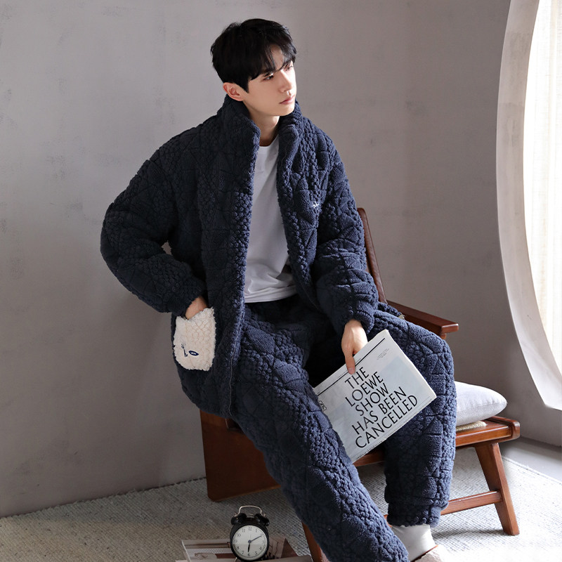 芬腾防静电睡衣冬珊瑚绒夹棉男三层保暖加厚棉袄法兰绒家居服套装
