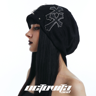 OCTO VITAremake暗黑风十字架贴布针织帽铆钉朋克风个性黑色冷帽