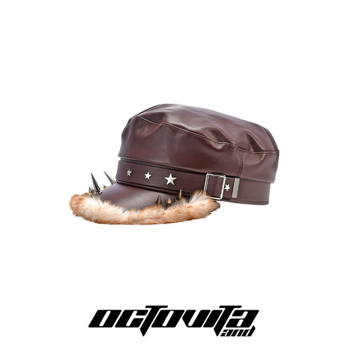 OCTO VITA 孟子义同款remake棕皮复古百搭辣妹铆钉朋克毛绒贝雷帽