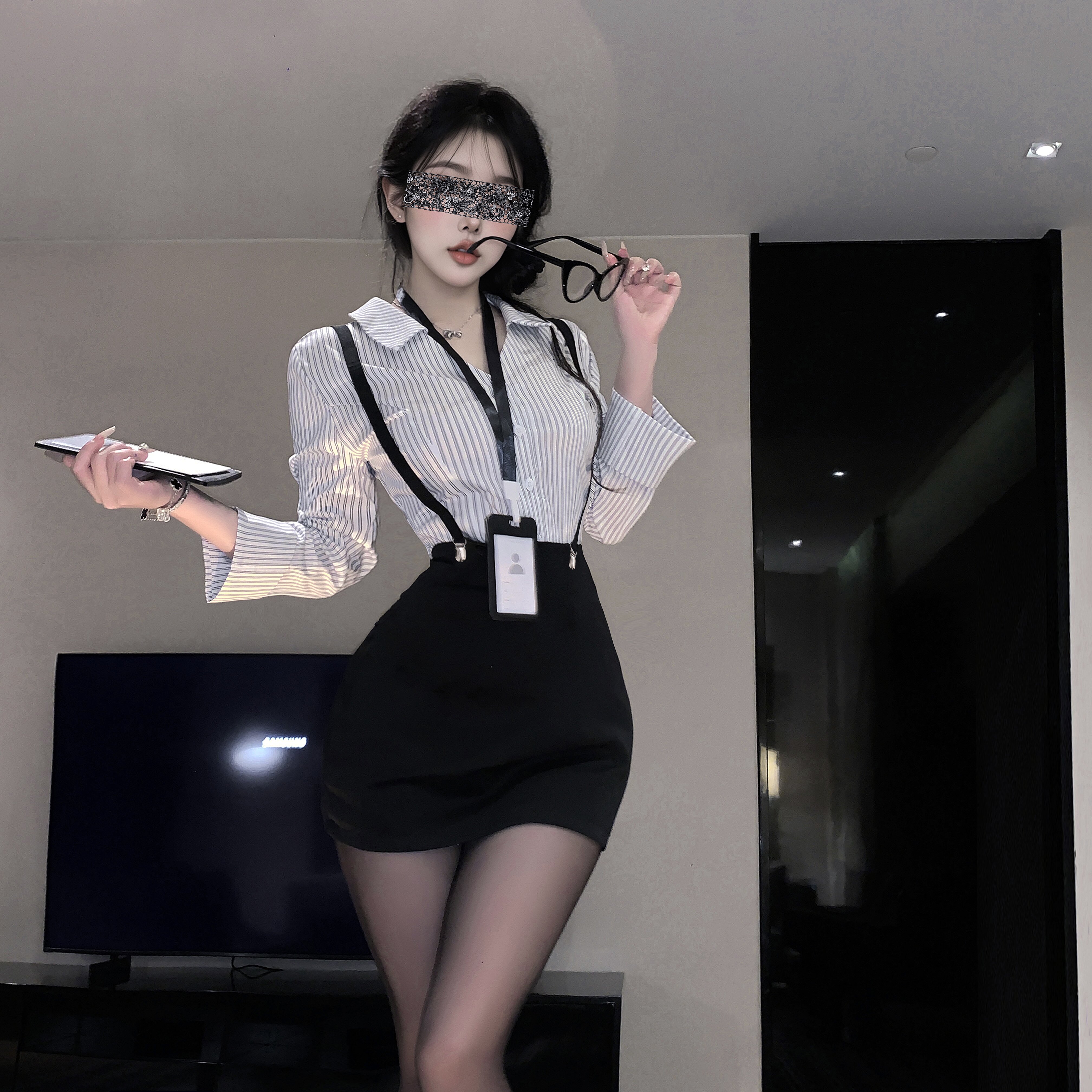 Sense纯欲风性感条纹衬衫办公室ol秘书辣妹气质外穿背带裙套装女