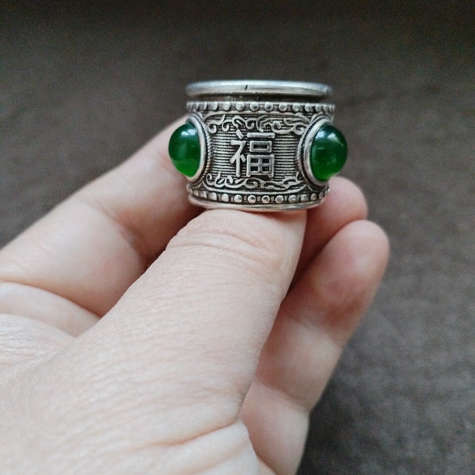 古玩收藏老包浆老银扳指镶嵌满绿翠玉色中间可转动福禄寿扳指戒指