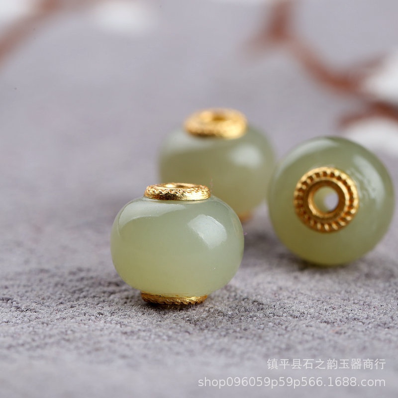 和田玉路路通吊坠14k包金镶嵌和田玉鼓珠桶珠隔珠diy饰品配件