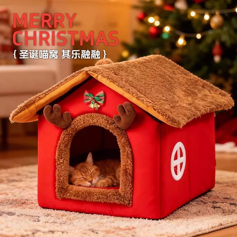 新年款圣诞猫窝狗窝可拆洗宠物窝圣诞节猫咪房子半封闭保暖猫窝