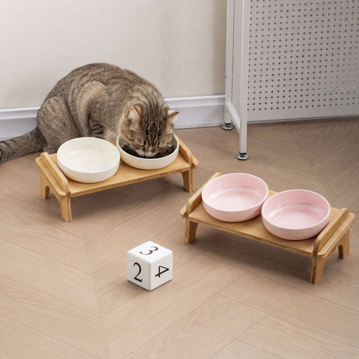 纯色葫芦碗带拱桥双孔竹架护颈食盆陶瓷猫碗狗碗防打翻宠物碗批发