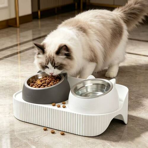 宠物猫碗超大不锈钢食盆保护颈椎粮碗食盆狗斜口食碗猫咪高脚双碗