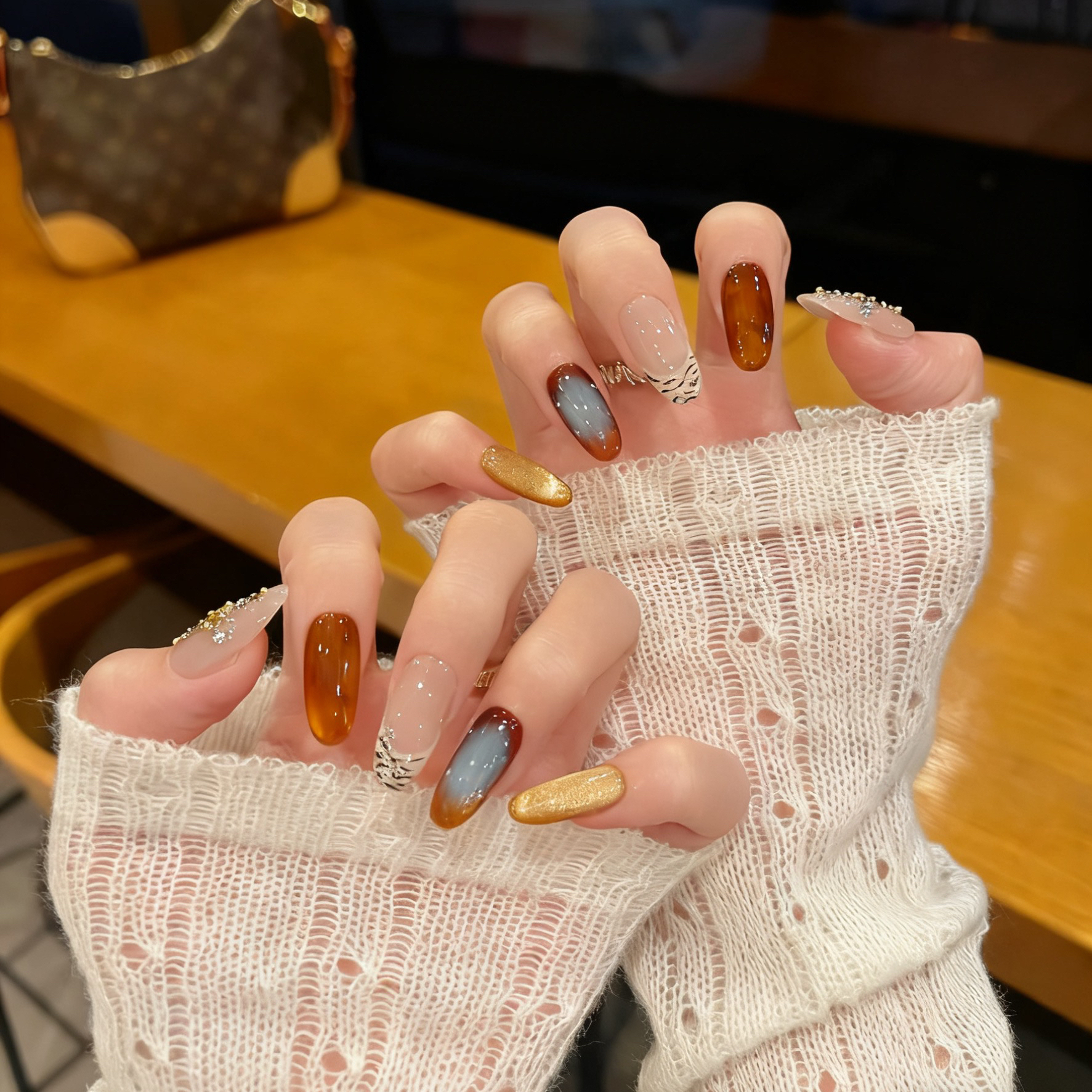 浪妞美甲贴焦糖曲奇高级氛围感秋豹纹咖色裸色法式纯手工穿戴甲片