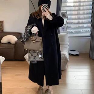 黑色双面羊绒女中长款过膝韩系茧型双面呢宽松慵懒风羊毛呢外套