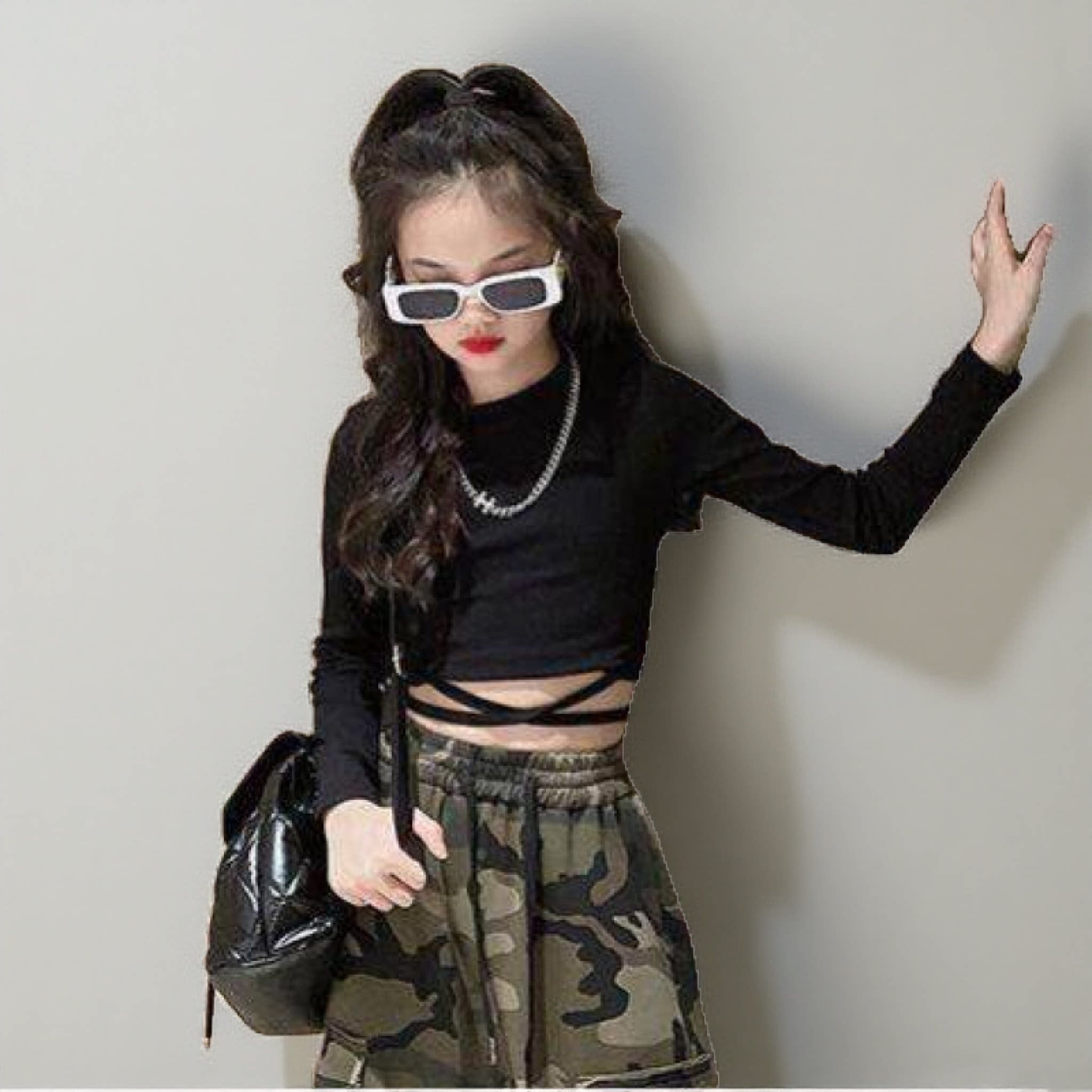 女童裤子春夏儿童飘带迷彩工装裤学生韩版休闲裤初中女生高腰束脚