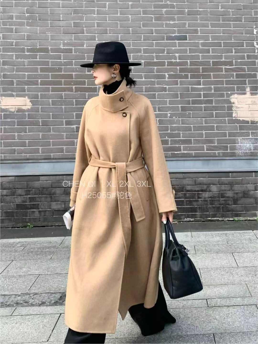 宸祺25055冬季加大码羊毛大衣女 气质立领长款羊毛双面呢子外套