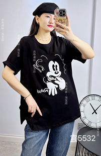 宜语析5532秋加大码女装 卡通米奇刺绣短袖t恤打底衫