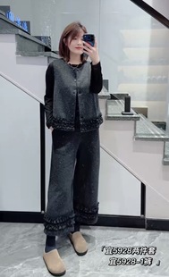 宜语析5928早春加大码套装女 时尚亮闪闪小香风马甲阔腿裤三件套