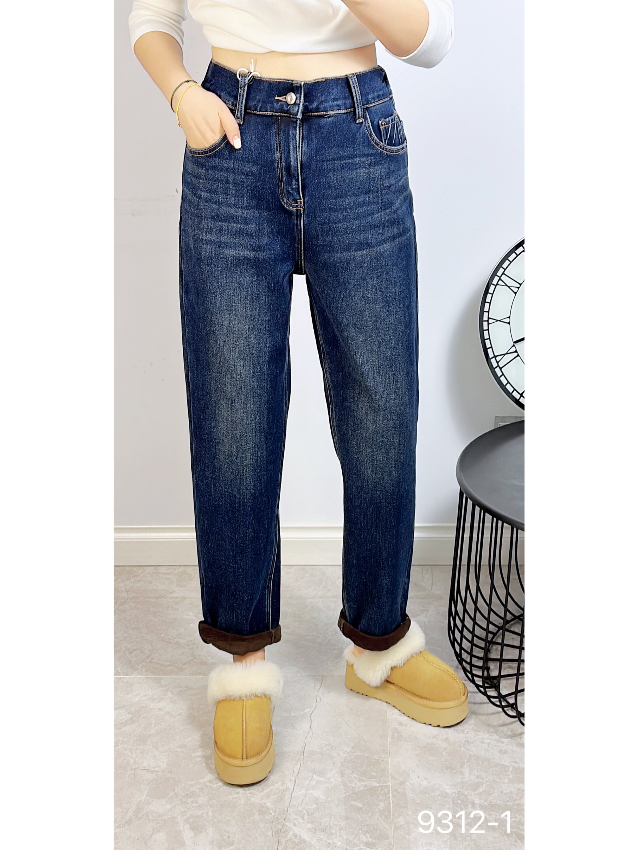 诺达思9312冬季加大码磨毛牛仔裤 宽松百搭休闲弹力挽边男友裤