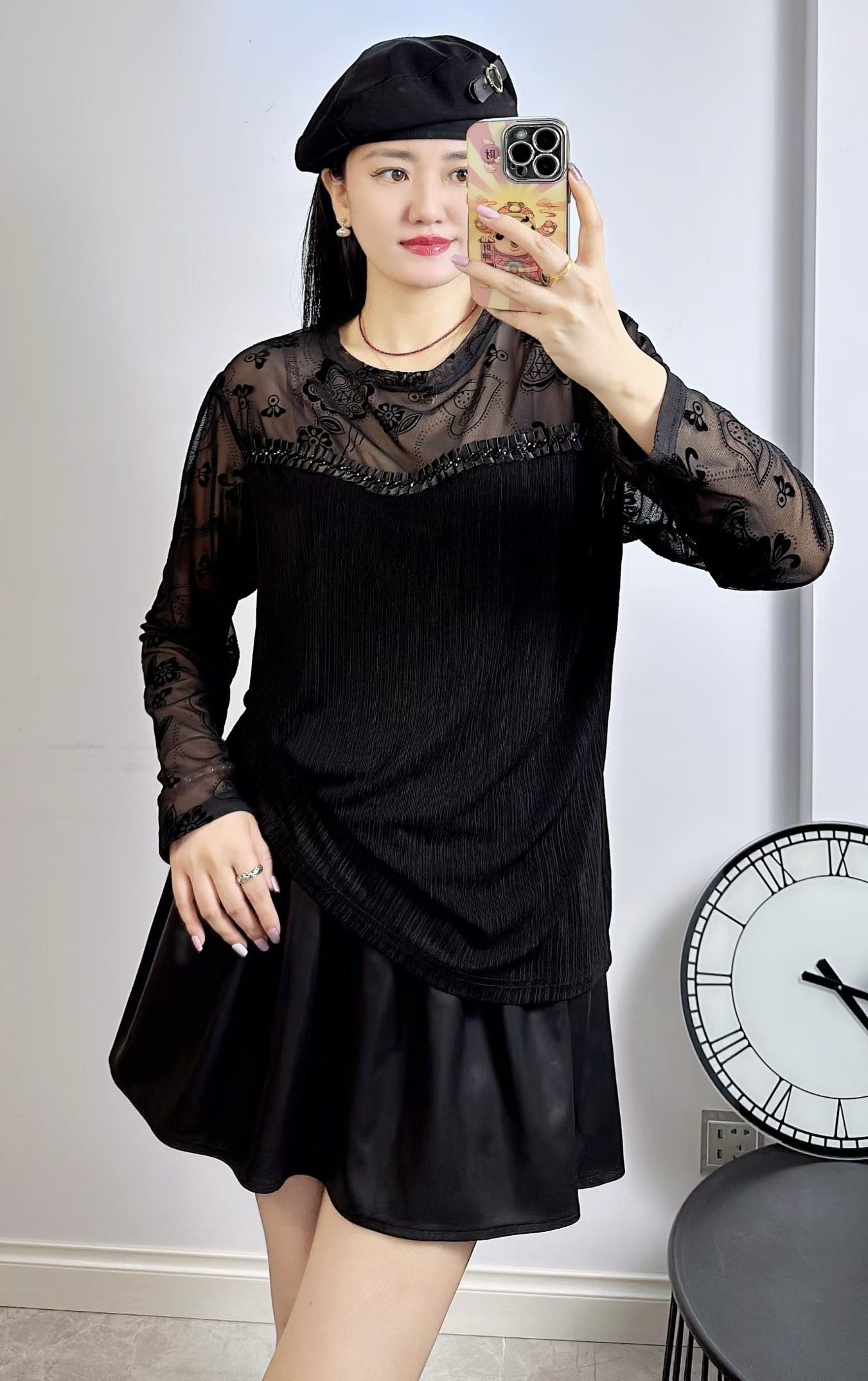 米莱奇6109春加大码打底衫女 蕾丝网纱拼接黑色洋气圆领内搭衫,女装/女士精品,大码内搭,淘宝优惠券,粉丝福利购,淘宝优惠卷