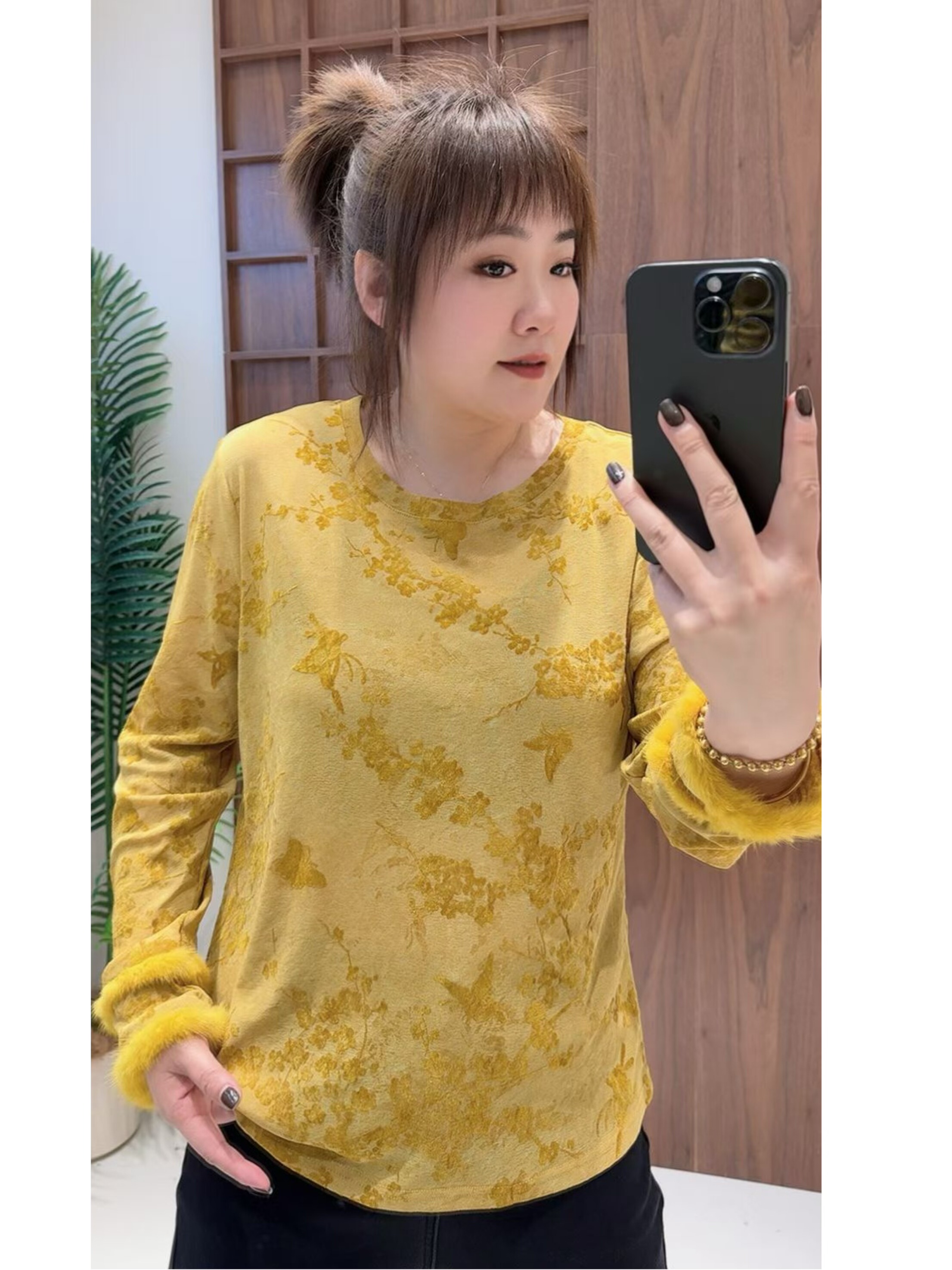 妃儿红3959秋冬加大码卫衣 新中式高级感提花水貂毛洋气打底衫