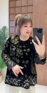 圆领镂空花边洋气丝绒提花盯珠衬衫 女 衬衫 妃儿红5205春加大码