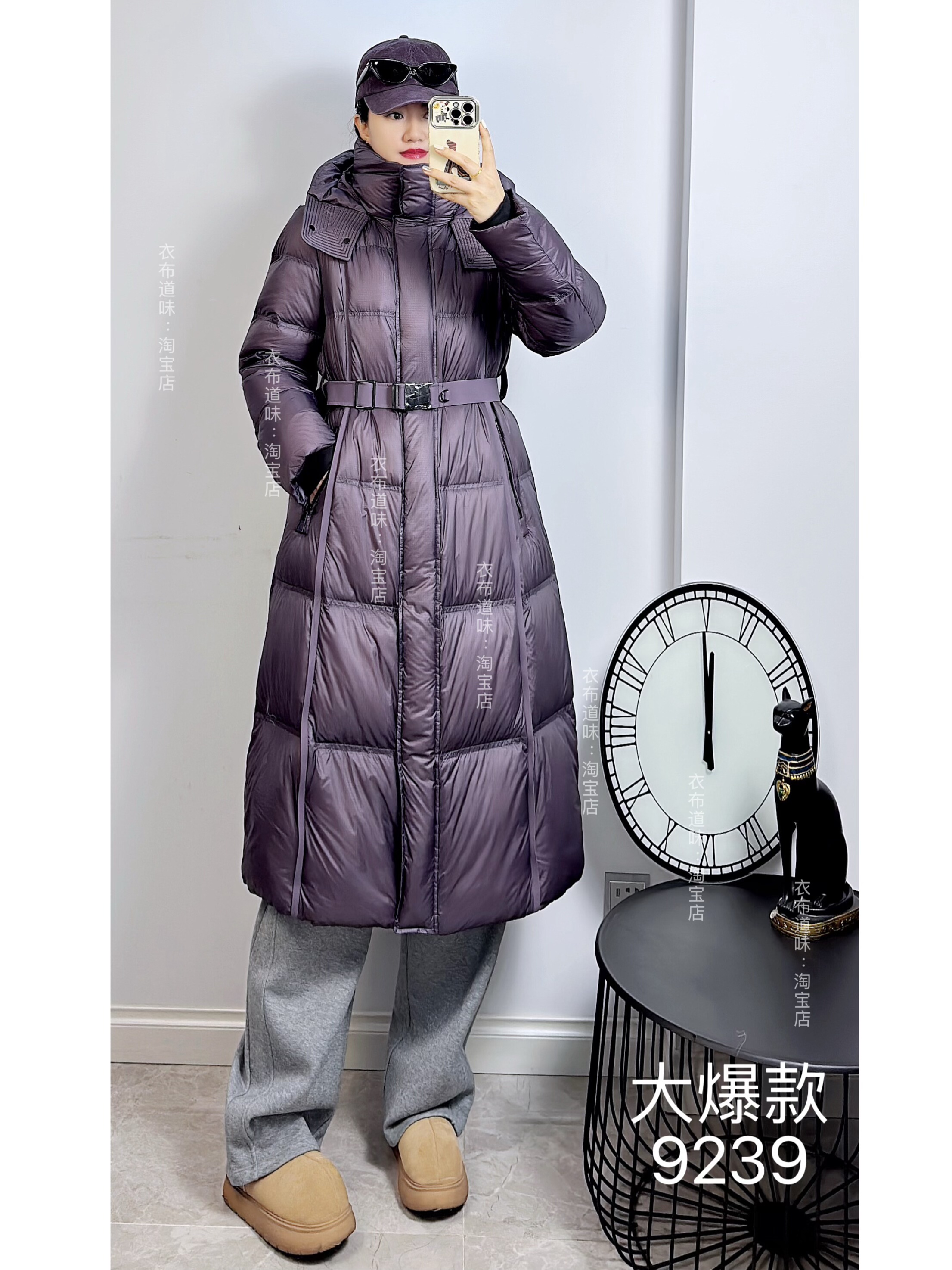 妃儿红9239冬加大码羽绒服女 过膝长款收腰修身连帽加厚外套