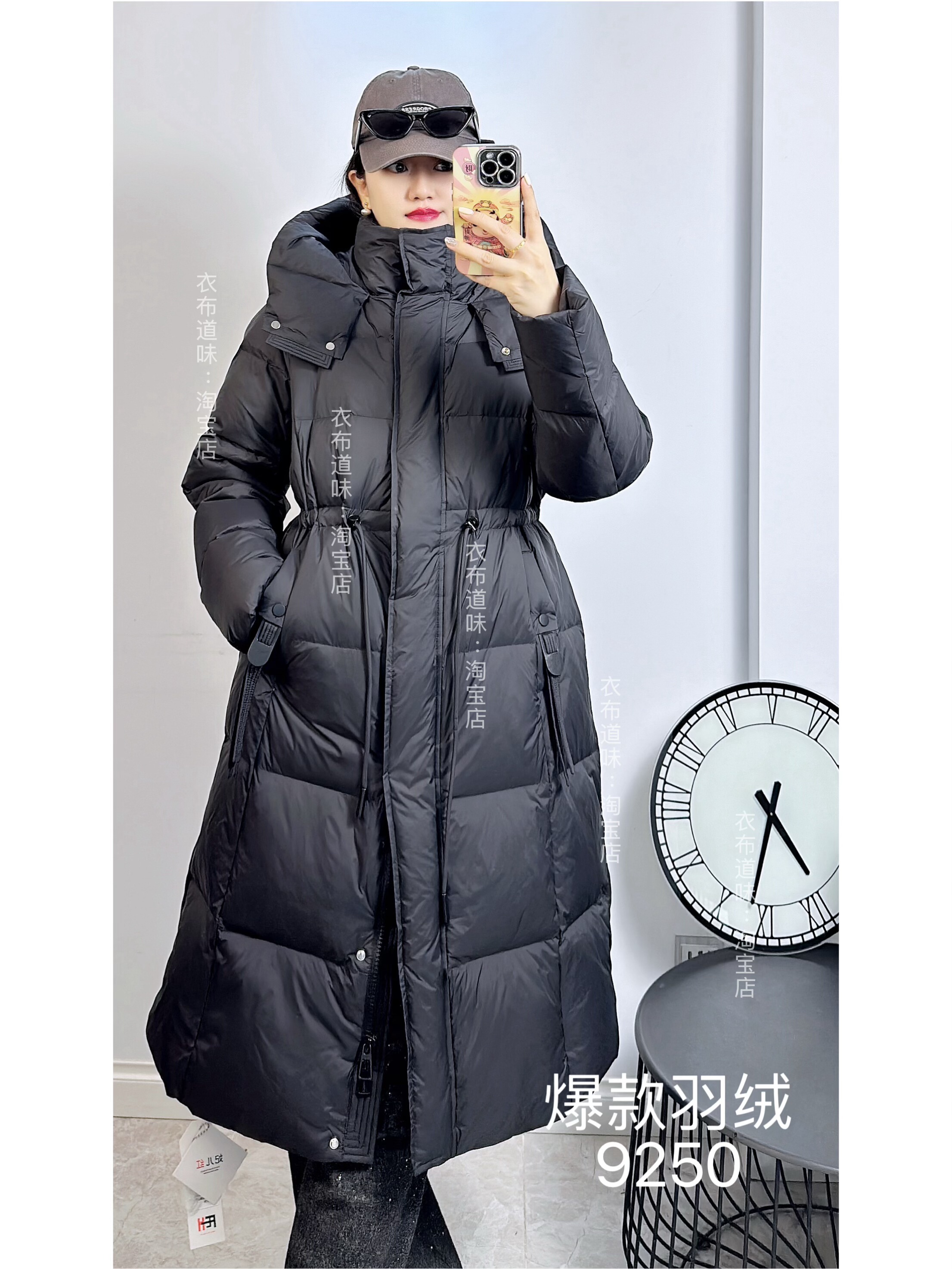 妃儿红9250冬加大码羽绒服女 过膝长款收腰修身连帽加厚外套