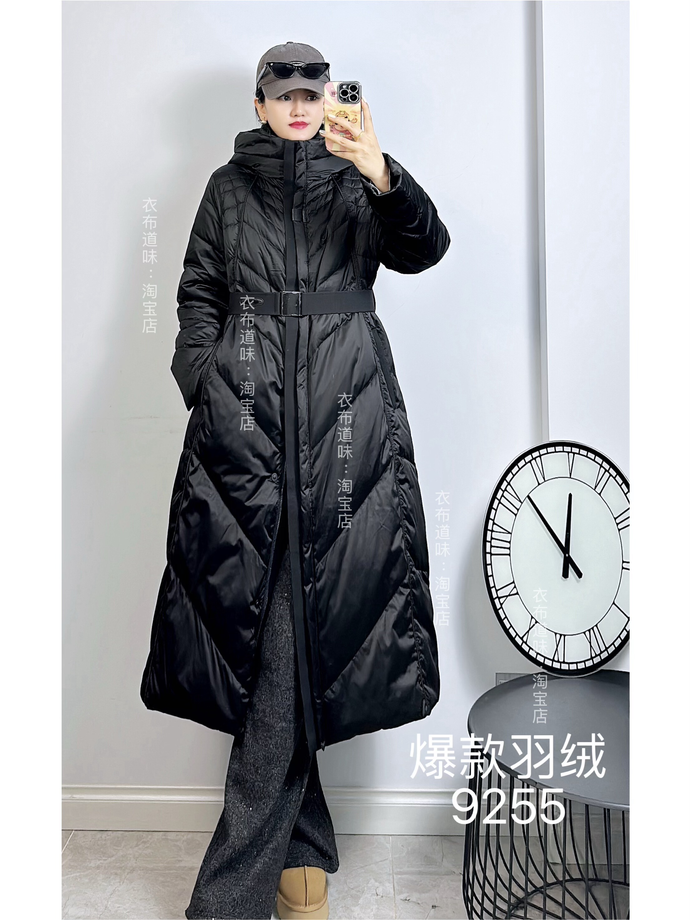 妃儿红9255冬加大码羽绒服女 过膝长款收腰修身连帽加厚外套