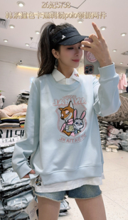 妃儿红5668春加大码假两件 韩版卡通刺绣Polo领宽松减龄撞色卫衣